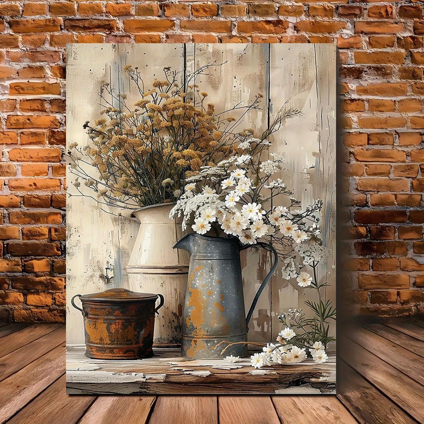 Decorative painting of vases with flowers against a brick wall. - Lioré® USA