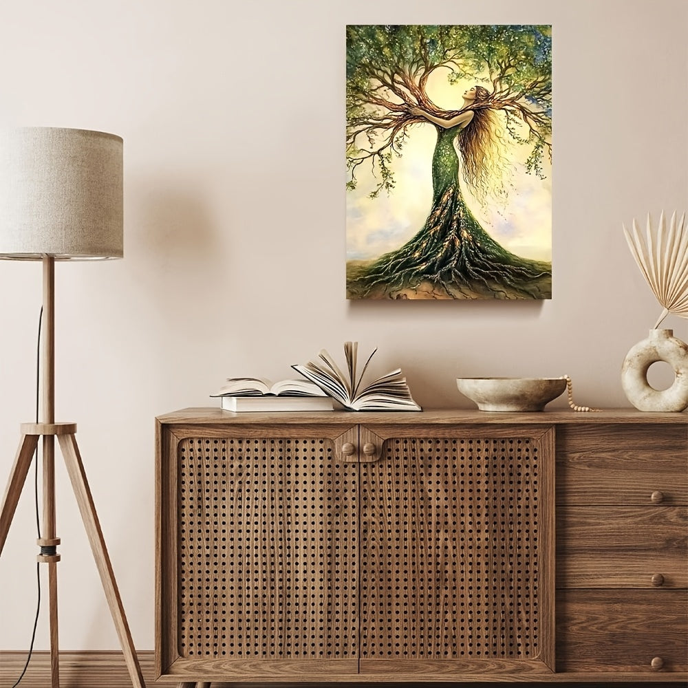 Wooden cabinet with decorative items and a large wall art of a tree with a person inside. - Lioré® USA