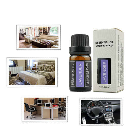 Lavender essential oil bottle and packaging with usage scenarios in a living room, bedroom, office, and car. - Lioré®