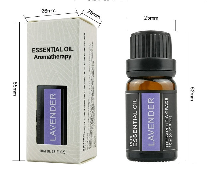 Lavender essential oil bottle and packaging with dimensions on a white background - Lioré®