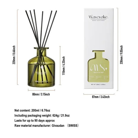 Green diffuser bottle with black sticks and packaging dimensions on a white background - Lioré®