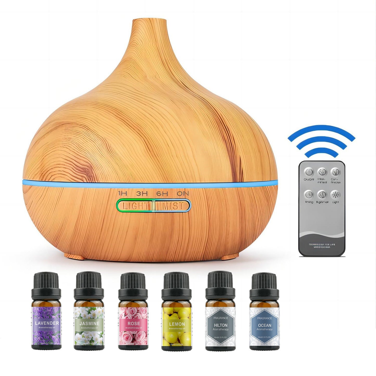 Wooden diffuser with remote control and essential oil bottles on a white background - Lioré®
