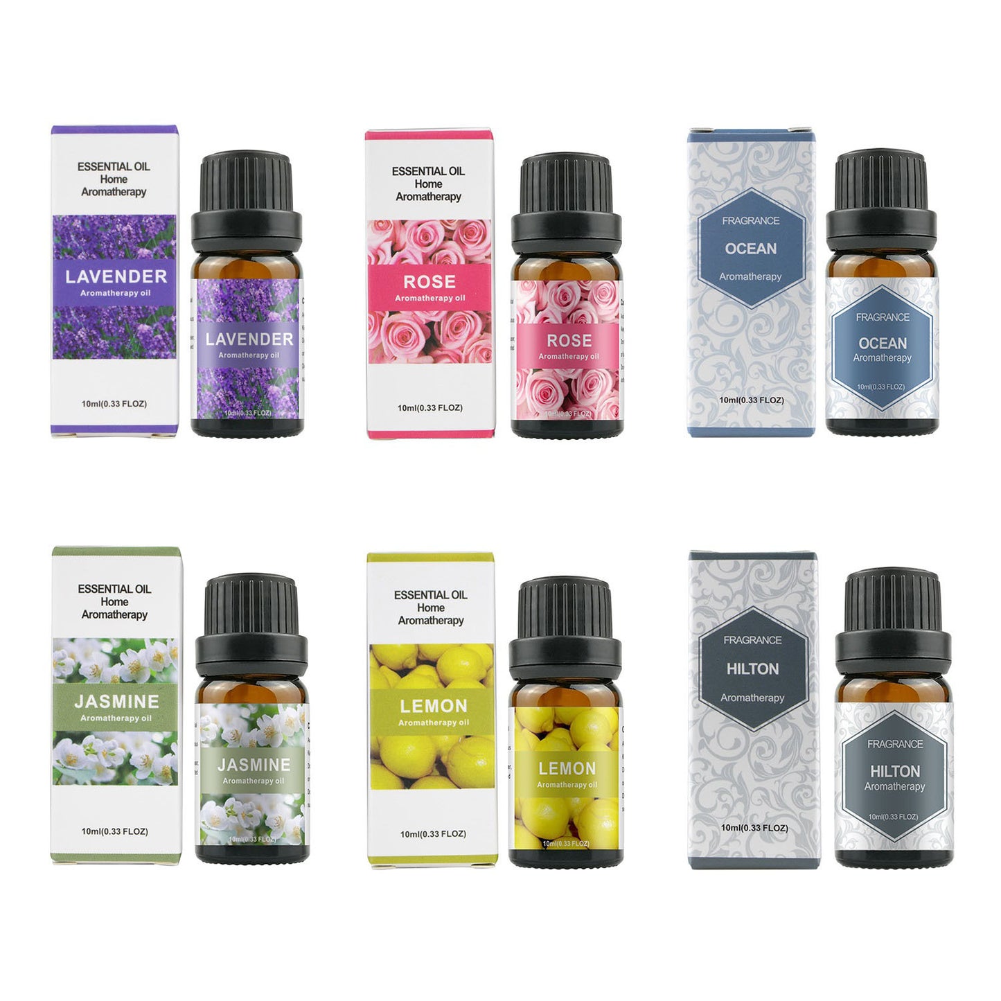 Collection of essential oil bottles and boxes with various scents on a white background - Lioré®
