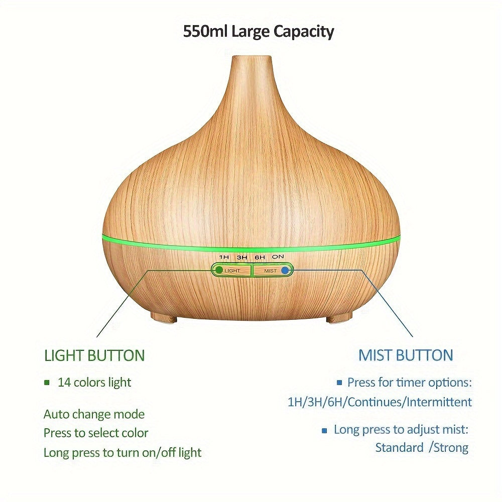 Wooden diffuser with control buttons and features highlighted on a white background - Lioré®