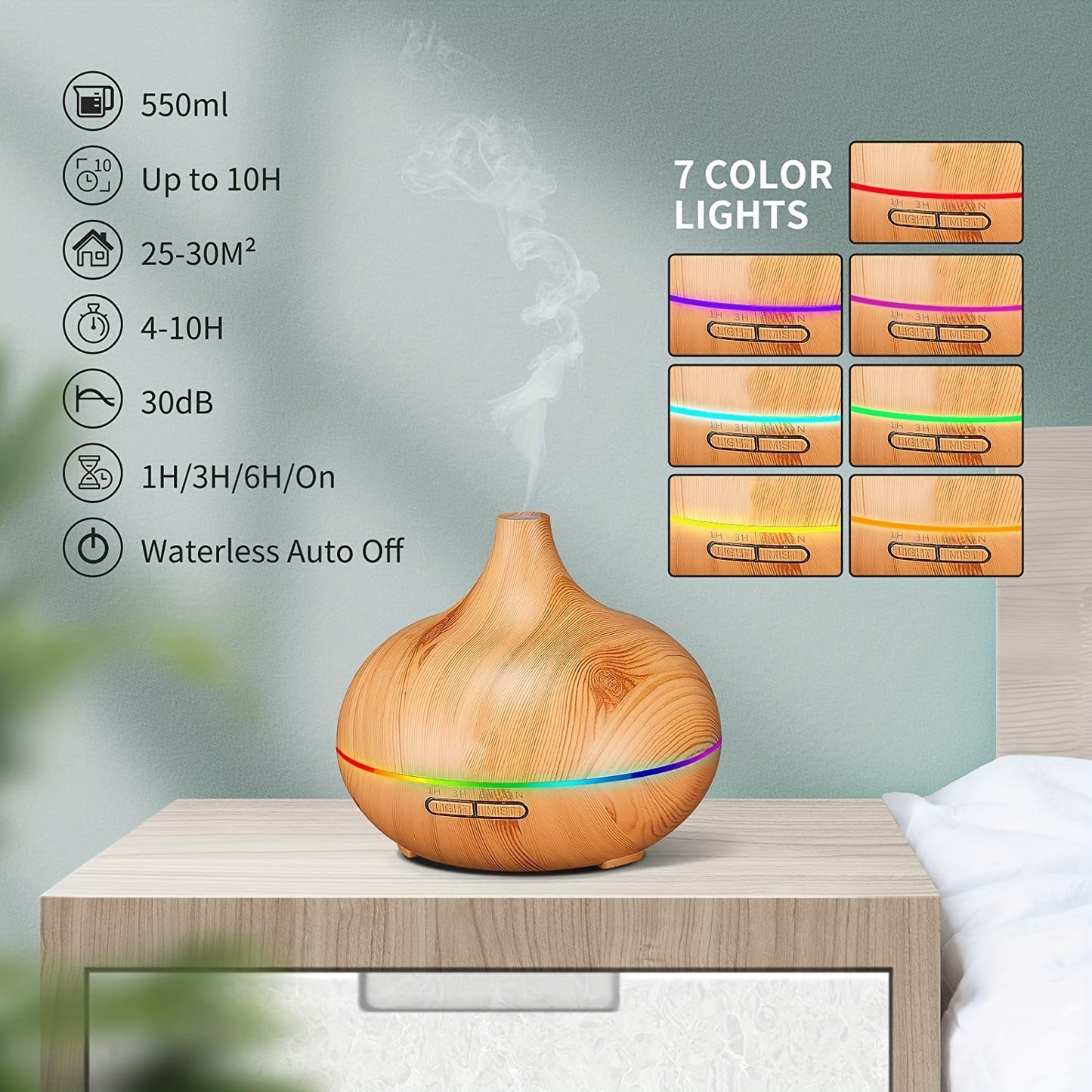 Wooden diffuser on a table with 7 color light options displayed. - Lioré®