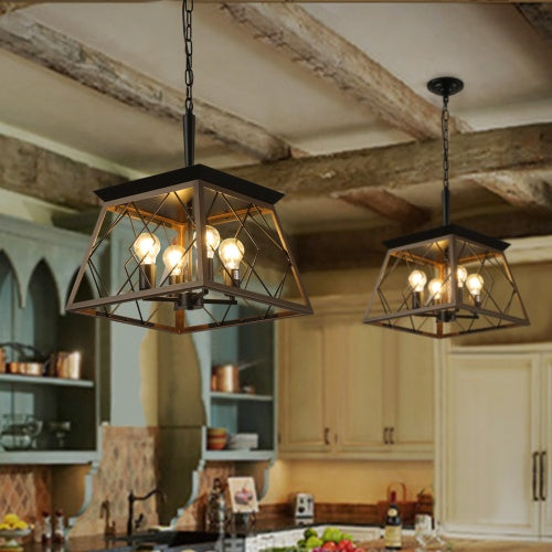 Two Chandeliers hanging in a kitchen with wooden beams. - Lioré® USA