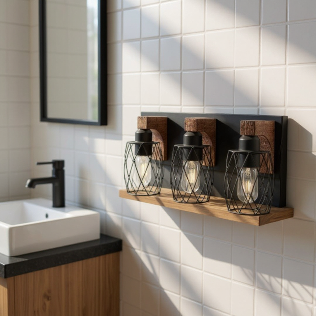Bathroom vanity with a wooden shelf holding three decorative lights against a tiled wall. - Lioré® USA