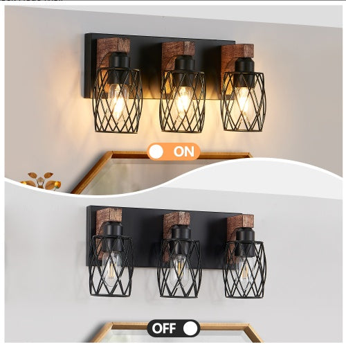 Wall-mounted light fixtures with wooden accents and black metal cages on a neutral background. - Lioré® USA
