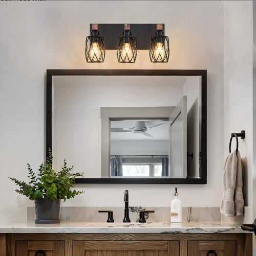 Bathroom vanity with mirror, lights, and decorative elements. - Lioré® USA