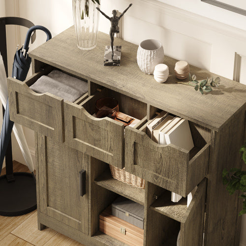 Wooden sideboard with open drawers and shelves in a room setting. - Lioré®