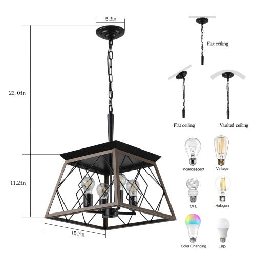 Black Chandelier fixture with dimensions and compatibility options on a white background - Lioré® USA