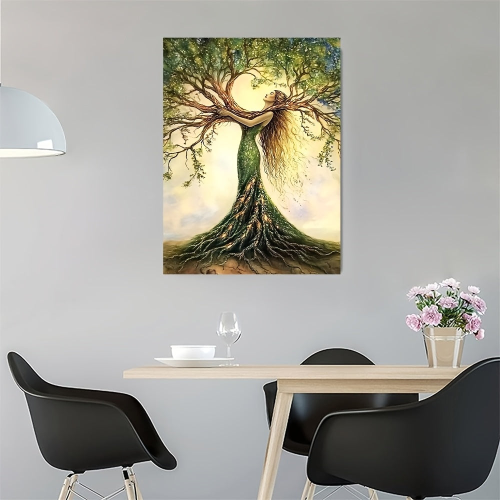Artistic depiction of a woman intertwined with a tree on a wall above a dining table. - Lioré® USA