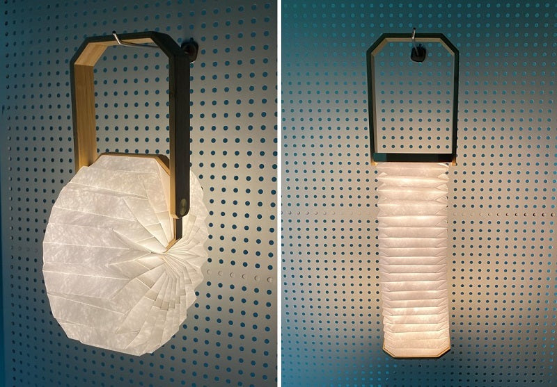 Two views of a hanging lamp with a textured white shade on a perforated wall. - Lioré® USA