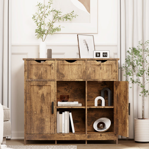 Wooden sideboard with open doors displaying books and decor items in a living room setting. - Lioré®