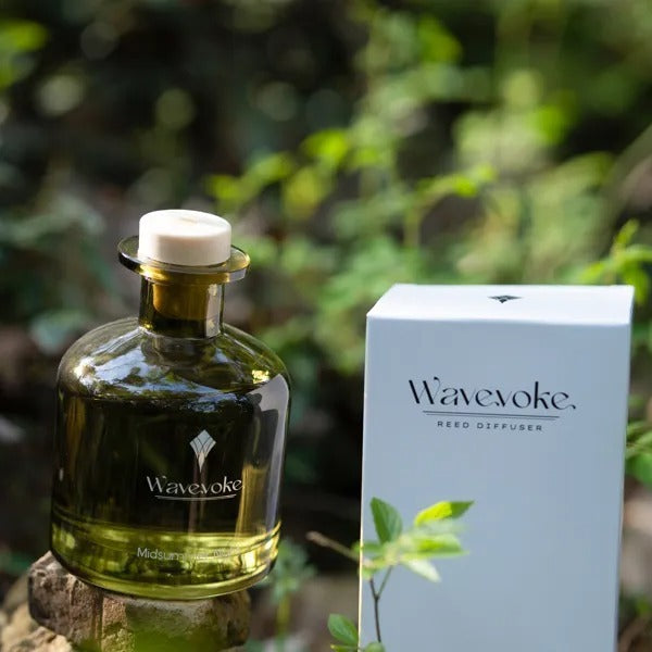 Wav evoke reed diffuser bottle and packaging on a natural background - Lioré®