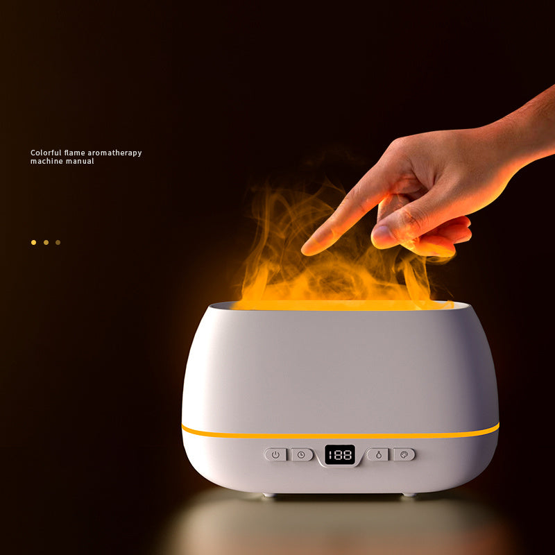 Aromatherapy machine with colorful flame effect and a hand touching it on a dark background. - Lioré®
