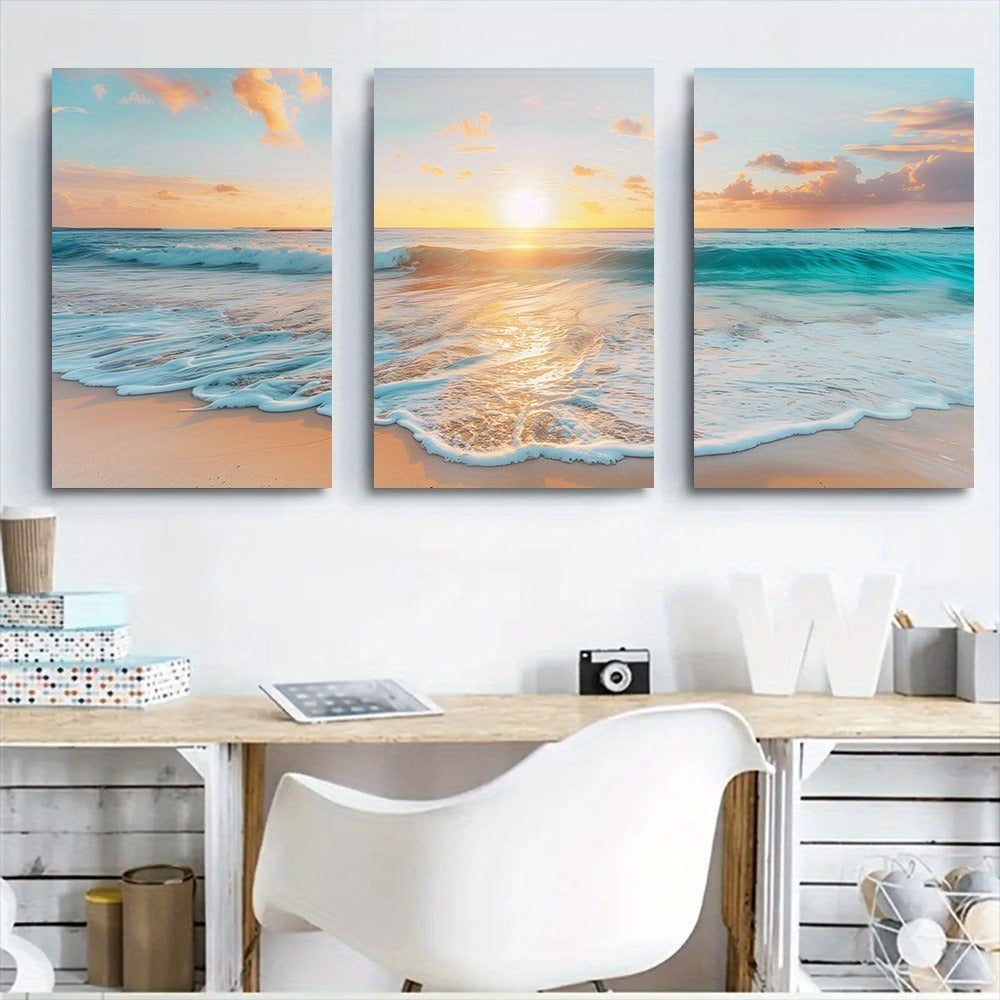 Three-panel artwork of a beach sunset above a desk with office items. - Lioré® USA