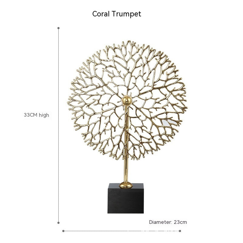 Decorative coral trumpet sculpture with measurements on a white background - Lioré® USA