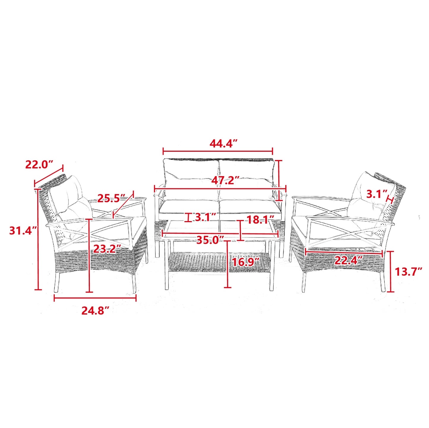 Dimensions of a patio furniture set with red measurement lines on a white background - Lioré® USA