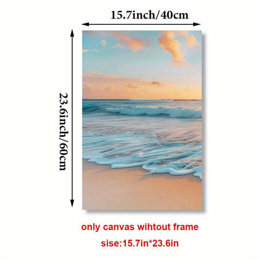 Canvas print of a beach scene with dimensions labeled - Lioré® USA