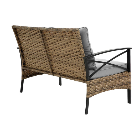 Wicker outdoor loveseat with black metal frame and gray cushions on a white background - Lioré® USA