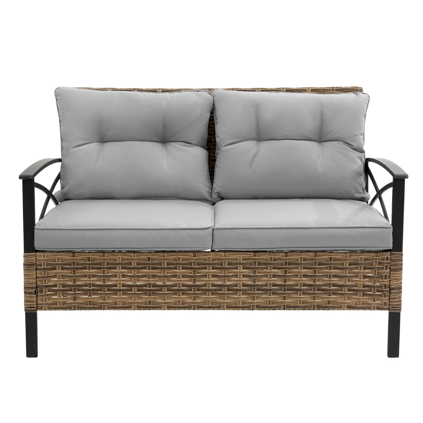 Two-seater outdoor sofa with gray cushions and wicker frame on a white background - Lioré® USA