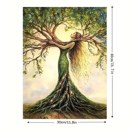 Artistic depiction of a woman with tree-like branches and roots, with measurements indicated. - Lioré® USA