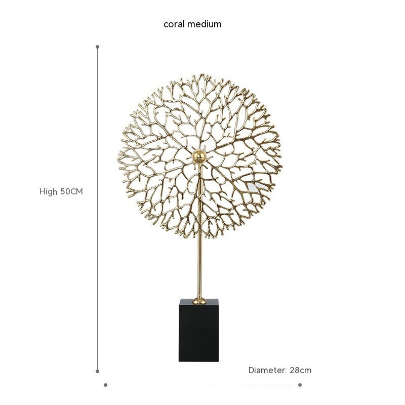 Decorative coral sculpture on a black base with measurements on a white background -Lioré® USA