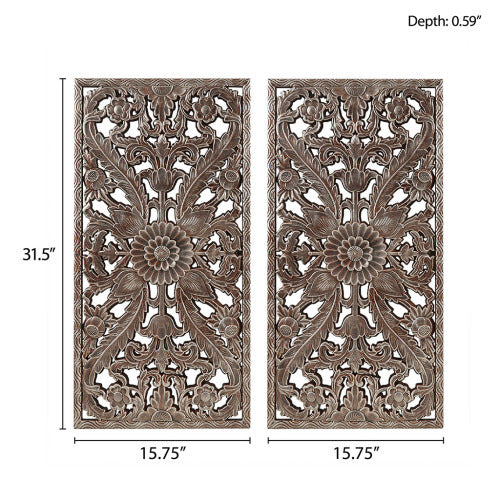 Two decorative wall panels with floral patterns and measurements on a white background - Lioré® USA