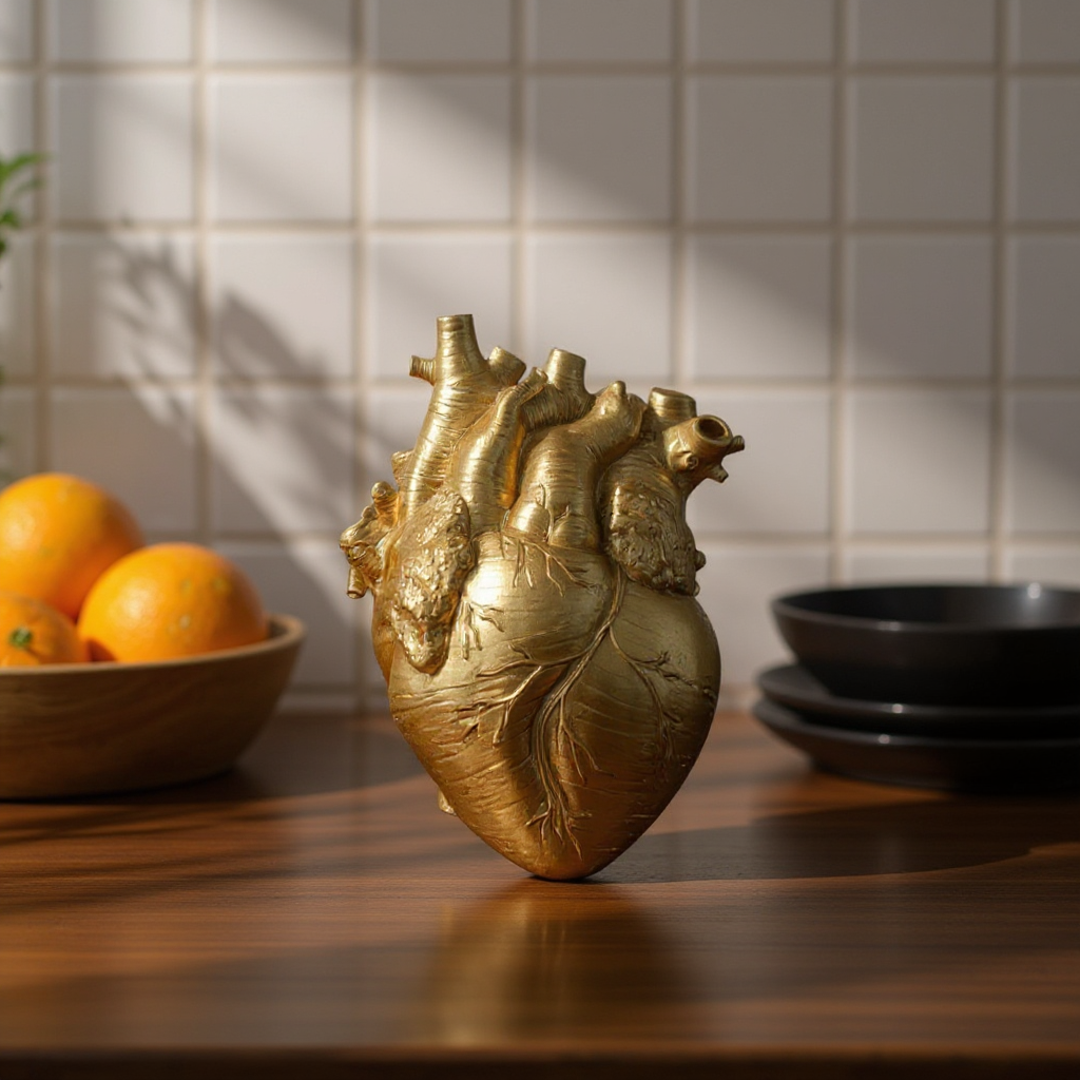 Gold anatomical heart sculpture on a wooden surface with a bowl of oranges and black bowls in the background. - Lioré®