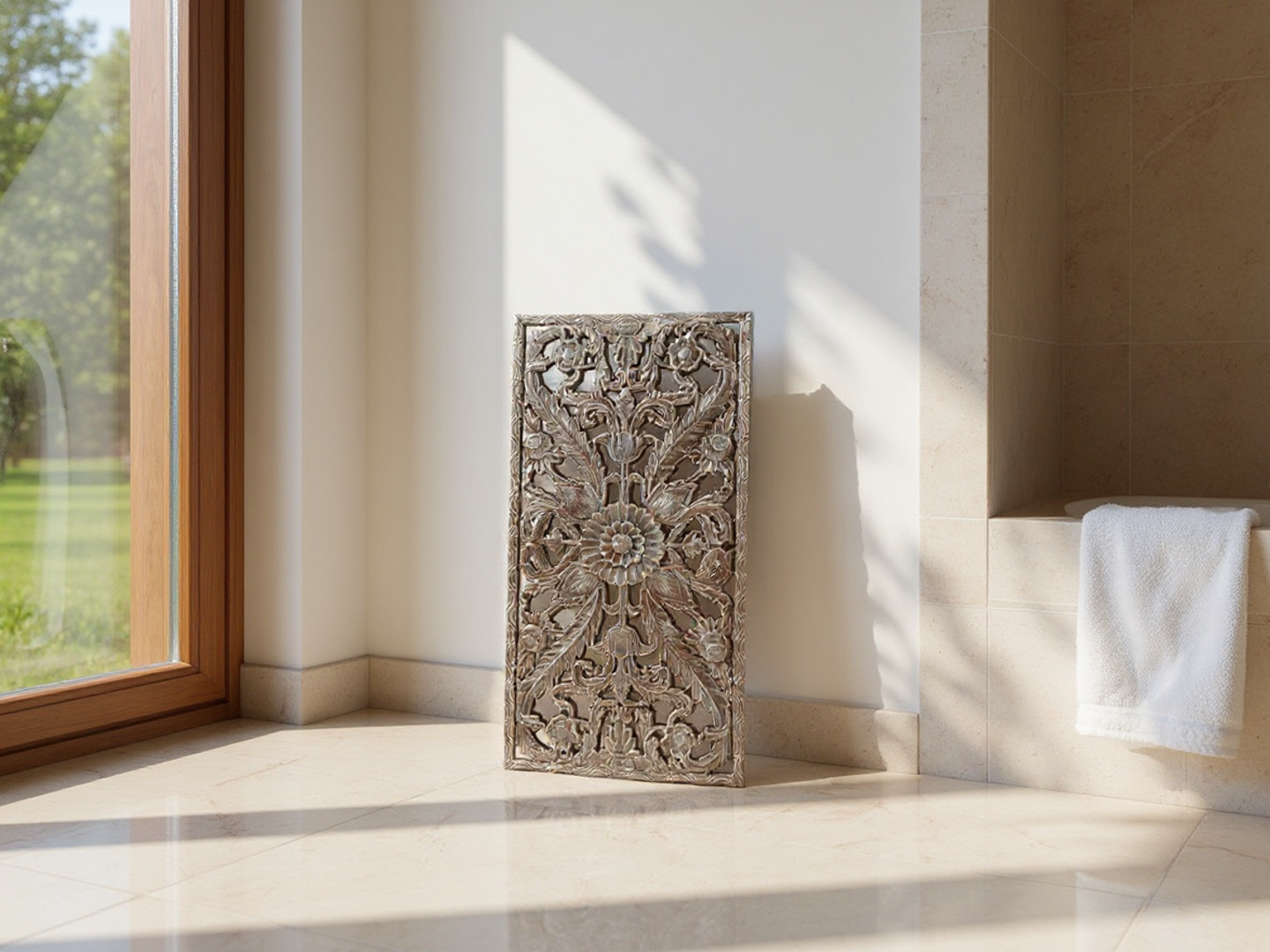 Decorative wall panel in a bright room with a window and towel. - Lioré® USA