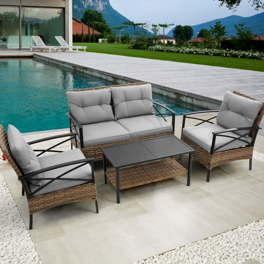 Outdoor patio furniture set with cushions by a poolside. - Lioré® USA