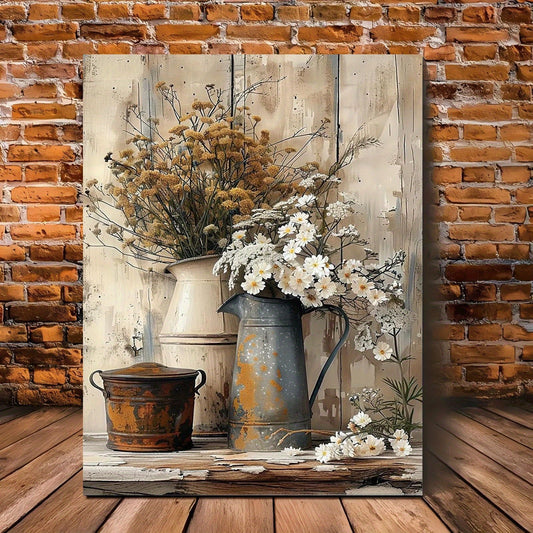 Decorative painting of vases with flowers against a brick wall. - Lioré® USA