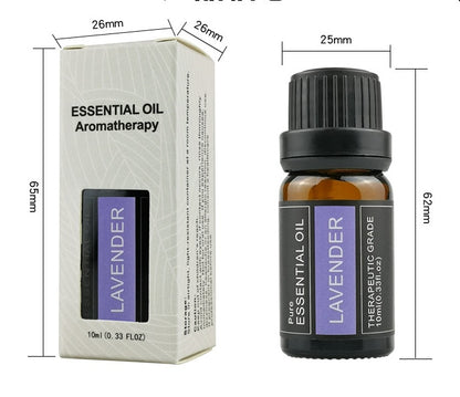 Lavender essential oil bottle and packaging with dimensions on a white background - Lioré®