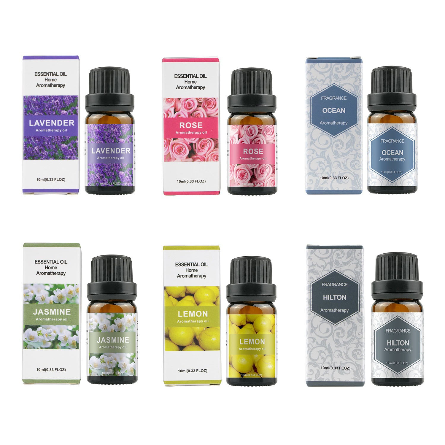 Collection of essential oil bottles and boxes with various scents on a white background - Lioré®
