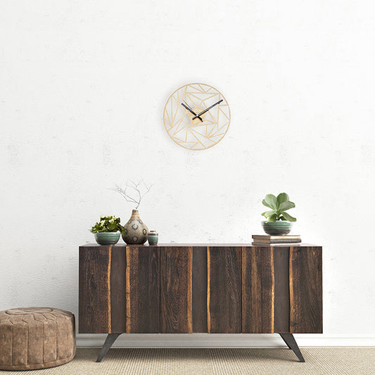 Wooden console table with decorative items against a white wall - Lioré