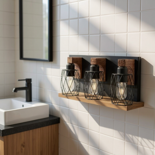 Bathroom vanity with a wooden shelf holding three decorative lights against a tiled wall. - Lioré® USA