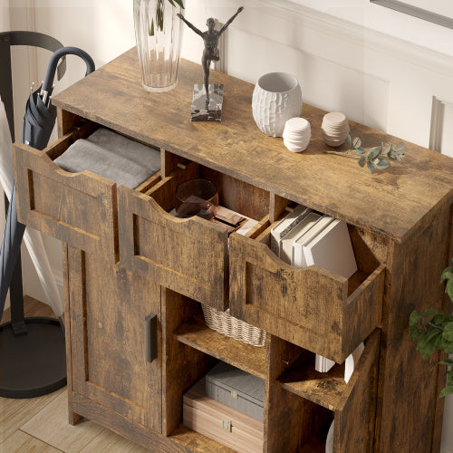Wooden sideboard with open drawers and a vase on top in a room setting. - Lioré®