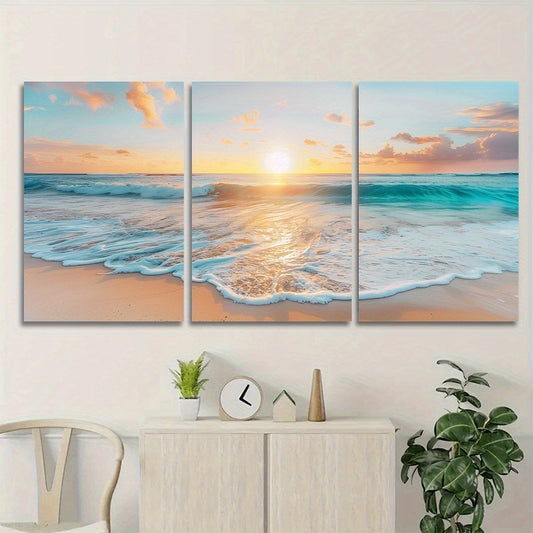 Three-panel canvas print of a beach sunset with waves crashing onto the shore, displayed on a wall above a cabinet. - Lioré® USA