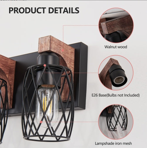 Wall-mounted light fixture with wooden frame and black metal cage on a white background - Lioré® USA