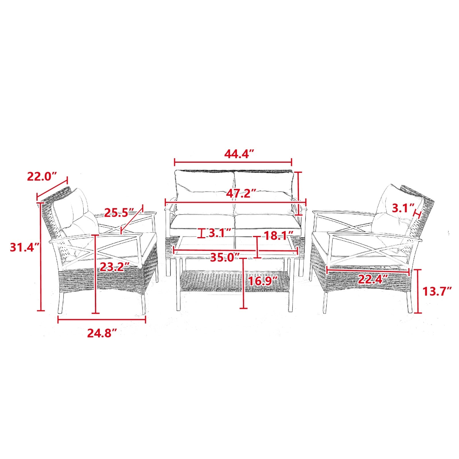 Dimensions of a patio furniture set with red measurement lines on a white background - Lioré® USA