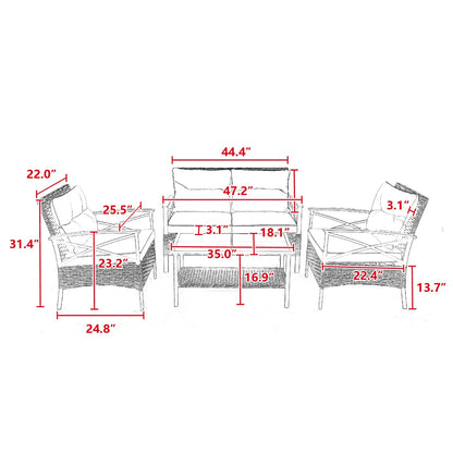 Dimensions of a patio furniture set with red measurement lines on a white background - Lioré® USA