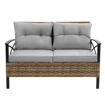 Two-seater outdoor sofa with gray cushions and wicker frame on a white background - Lioré® USA