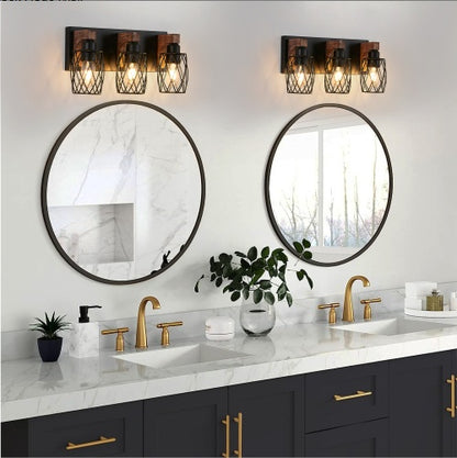 Bathroom vanity with round mirrors, gold fixtures, and decorative elements. - Lioré® USA