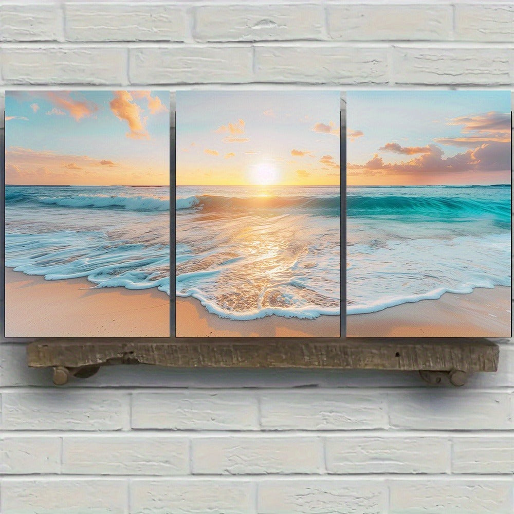 Triptych painting of a sunset over the ocean on a brick wall. - Lioré® USA