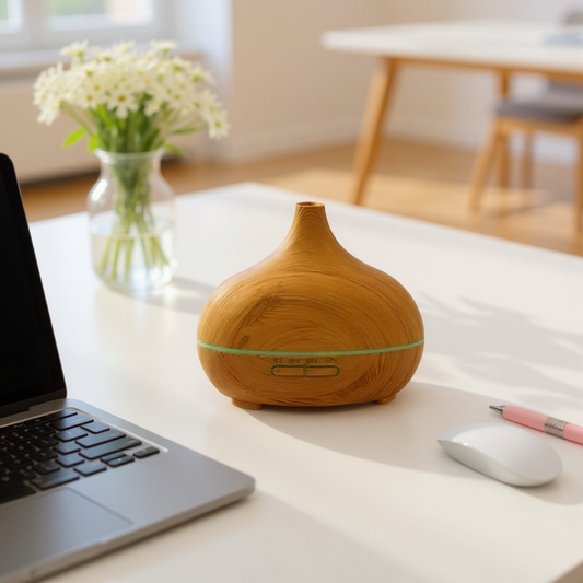 Wooden diffuser on a desk with a laptop and mouse in a home office setting - Lioré®