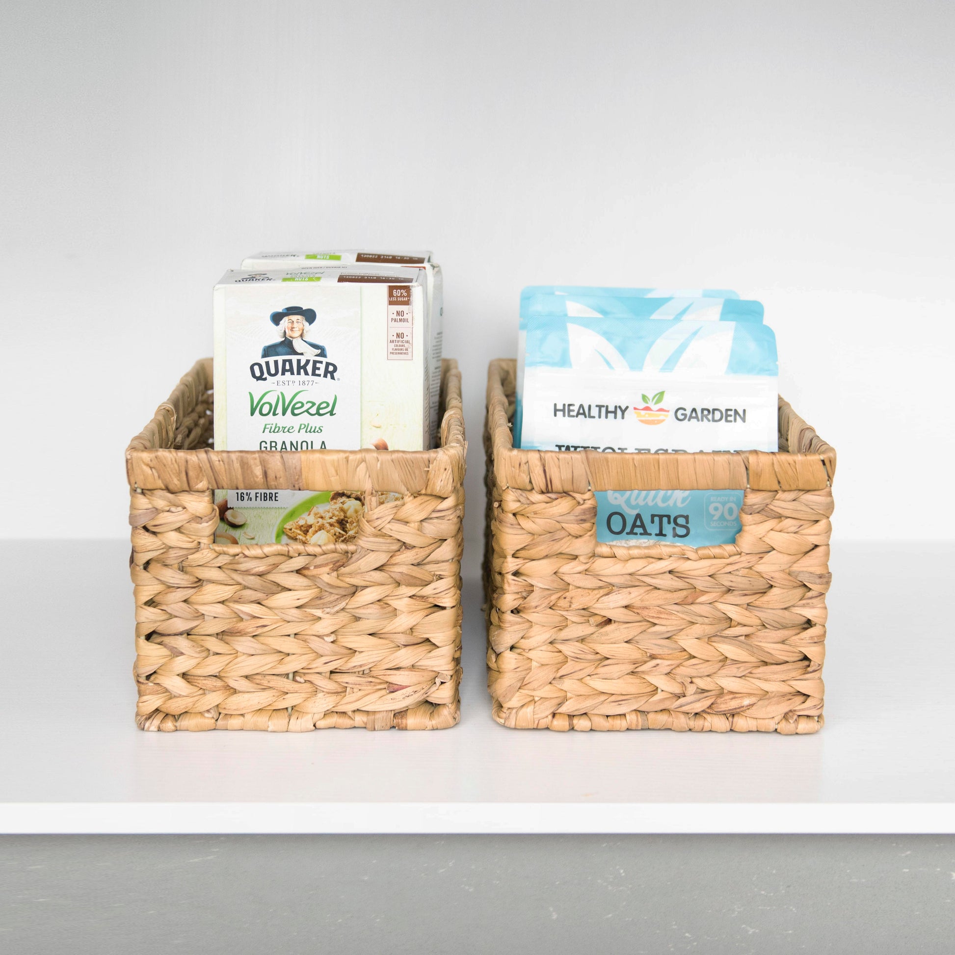 Two woven storage baskets with Quaker and Oats packages on a white background - Lioré®