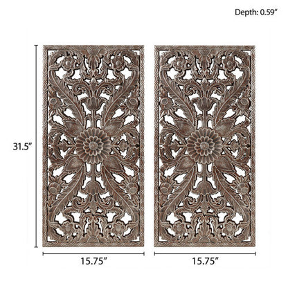 Two decorative wall panels with floral patterns and measurements on a white background - Lioré® USA