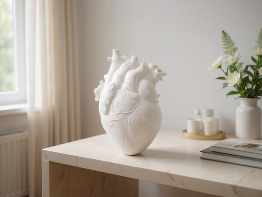 White ceramic heart sculpture on a wooden table with candles and flowers in the background - Lioré®