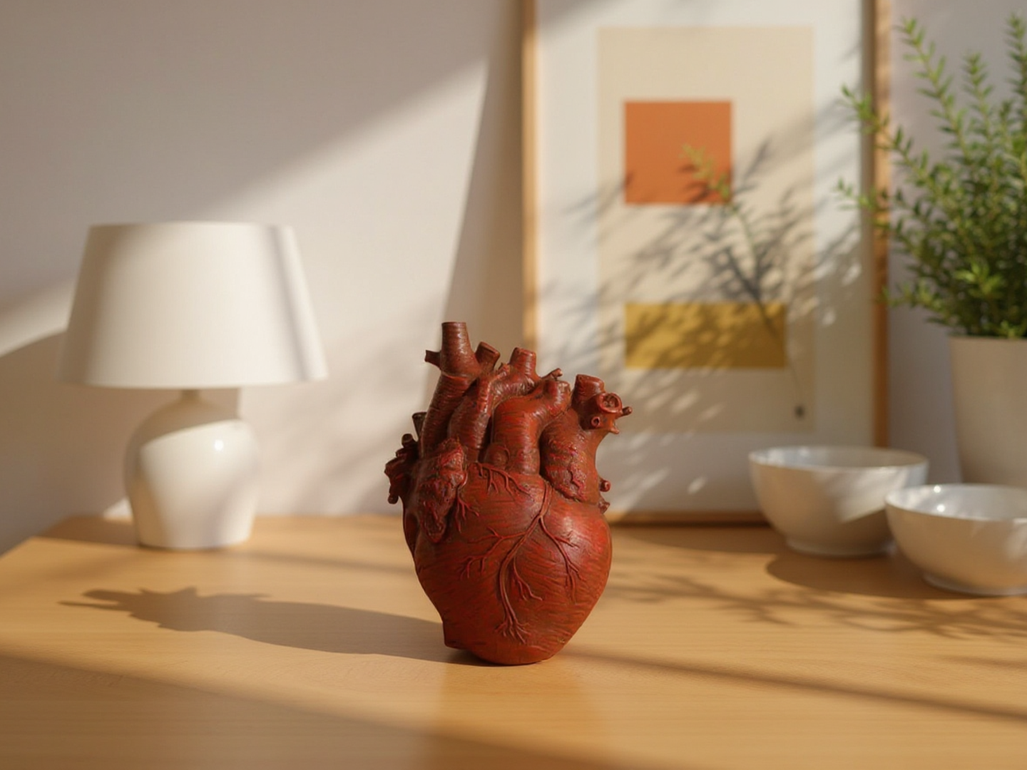 Brown heart-shaped vase on a wooden surface with a lamp and abstract art in the background - Lioré®